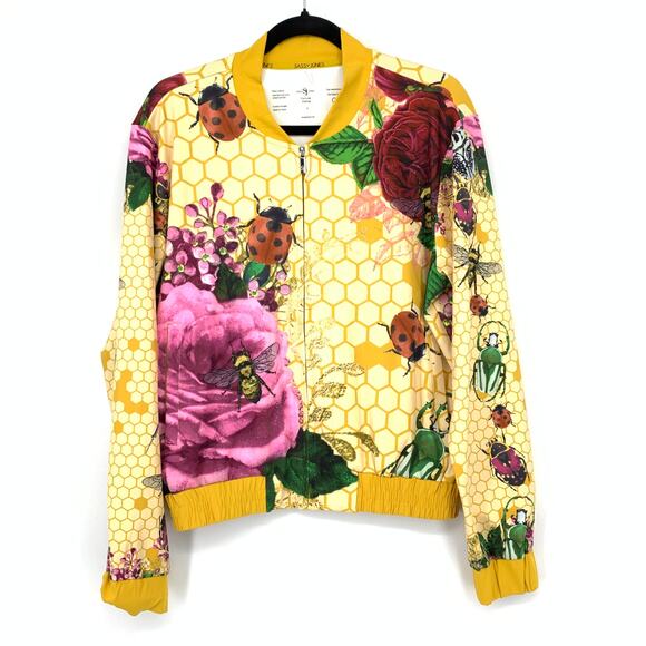 Sassy Jones Jackets & Blazers - Sassy Jones Bomber Jacket Womens Size Small Yellow Honeycomb Floral Insect Print